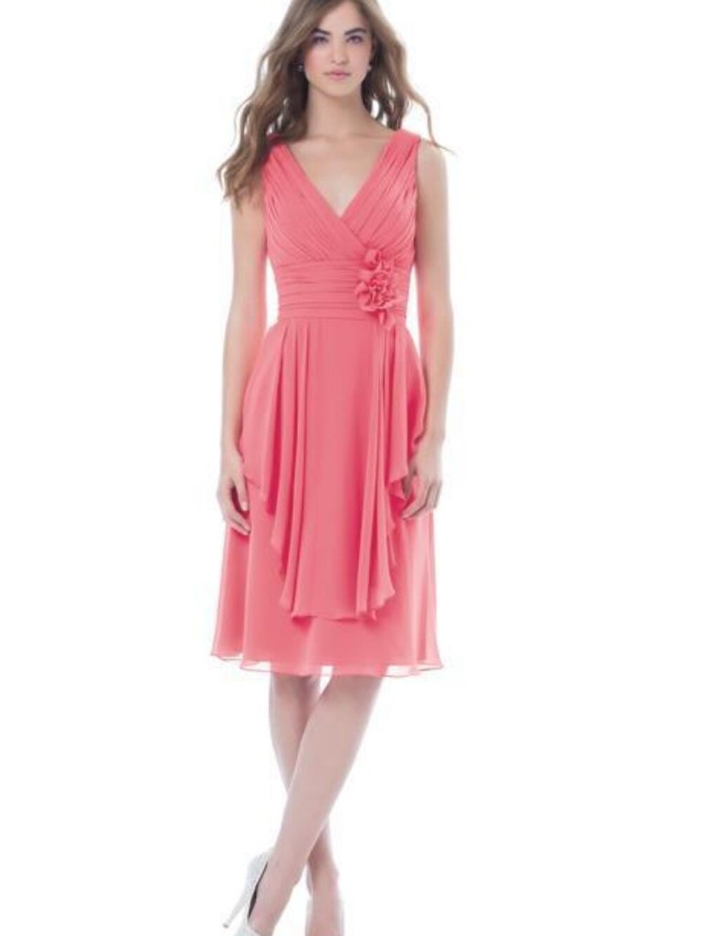 Bill Levkoff 396 Bridesmaid Dress Coral Sleeveless V-Neck Chiffon Short 8